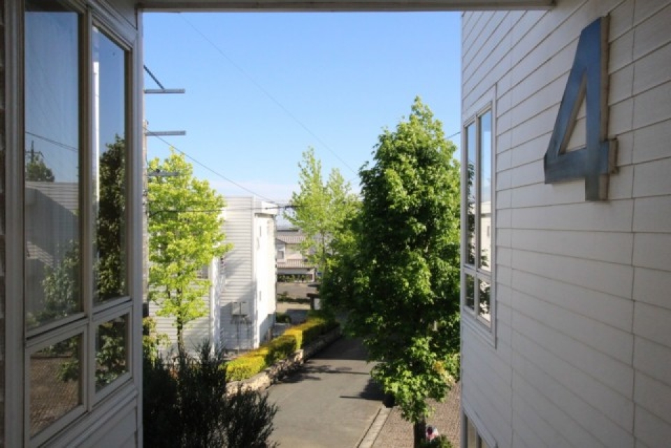 白い建物、青い空、植物グリーンがとてもマッチする。