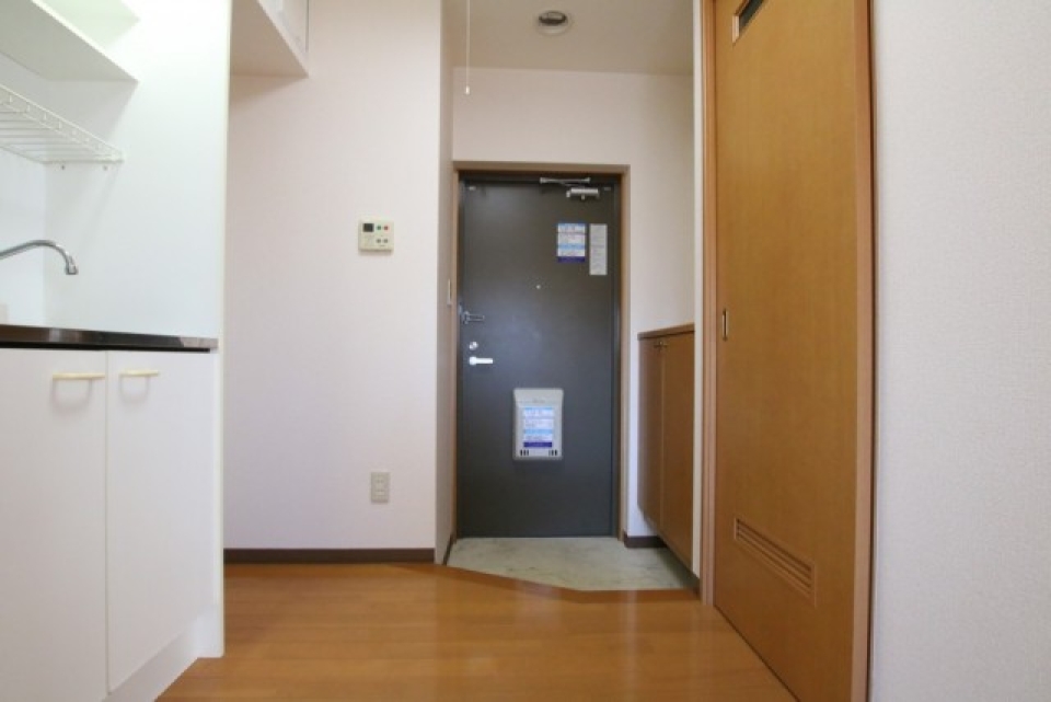 キッチンの背中側に洗面所、奥が玄関です。