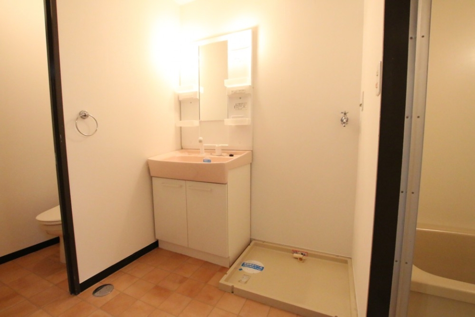 洗面脱衣室の両脇にトイレと浴室が並んでます。