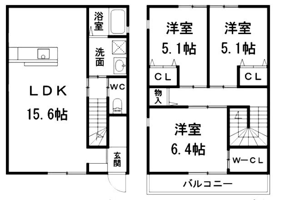 シンプルモダンなテラスハウスの間取り図