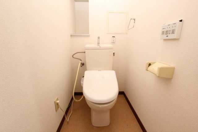 トイレは温水洗浄便座。自動で便座が開く。