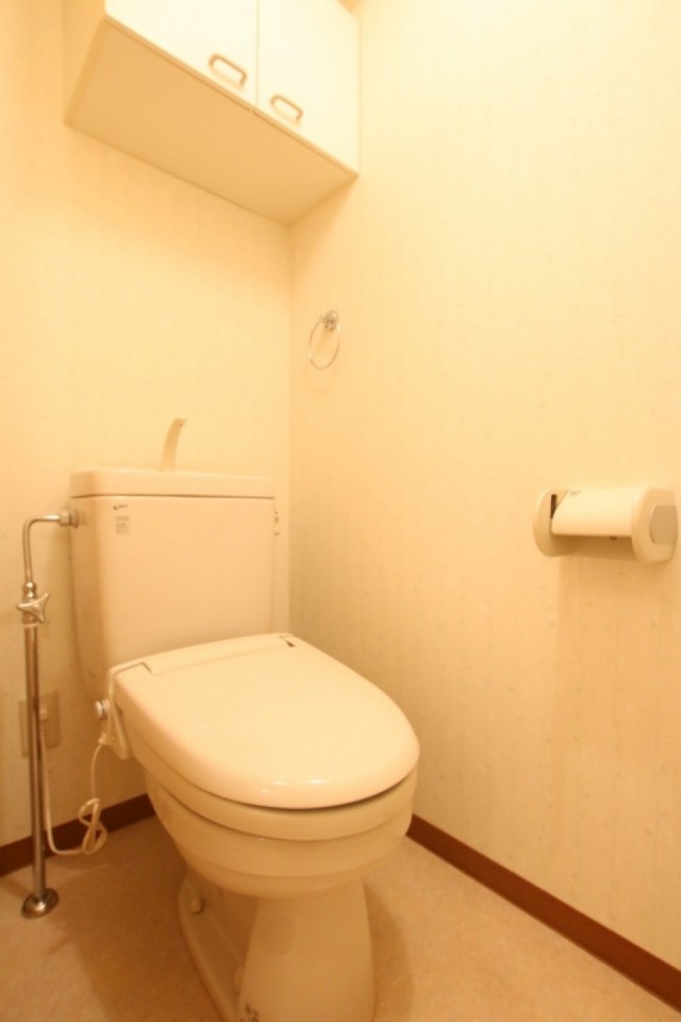 トイレは棚付きだがウォシュレットではない。