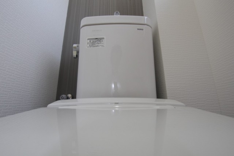 トイレ内にもシックな色のアクセントクロス使用。