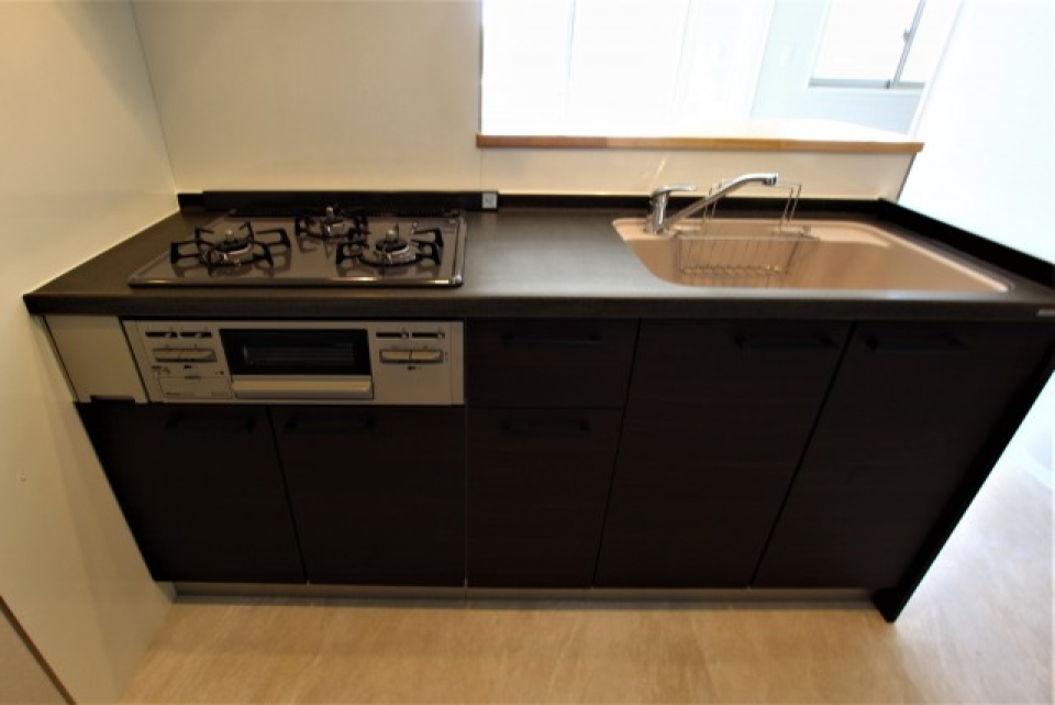 黒く手入れのしやすいようなシステムキッチン