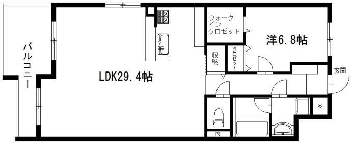 広々1LDKの間取り図。