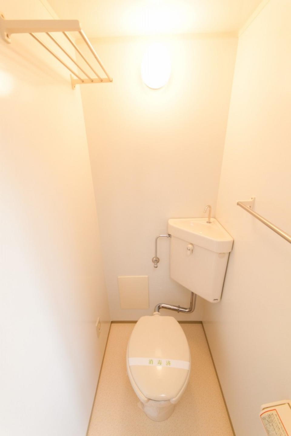 トイレの様子。頭上には収納棚も。