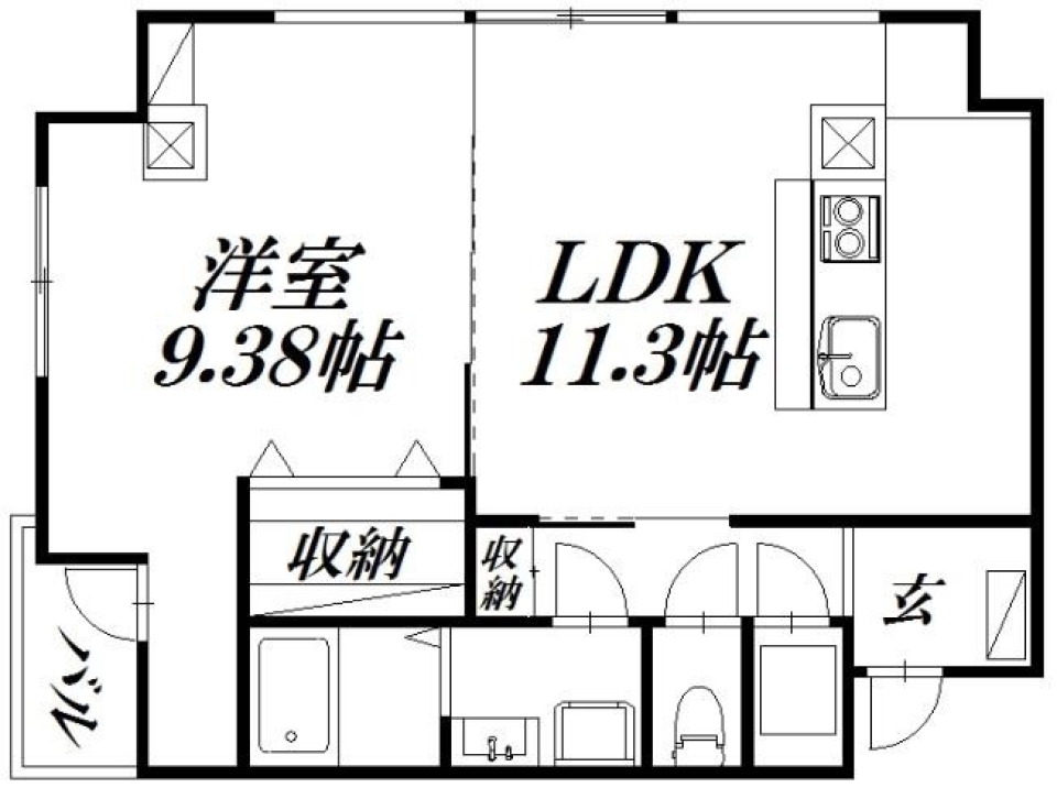白の空間と2本の柱。の間取り図