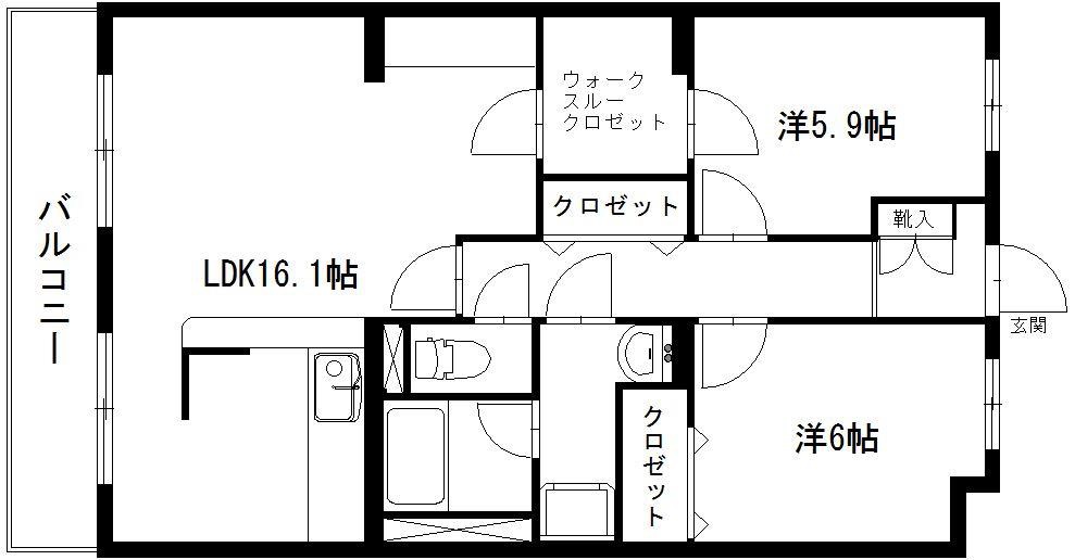 2LDKの間取り図。
