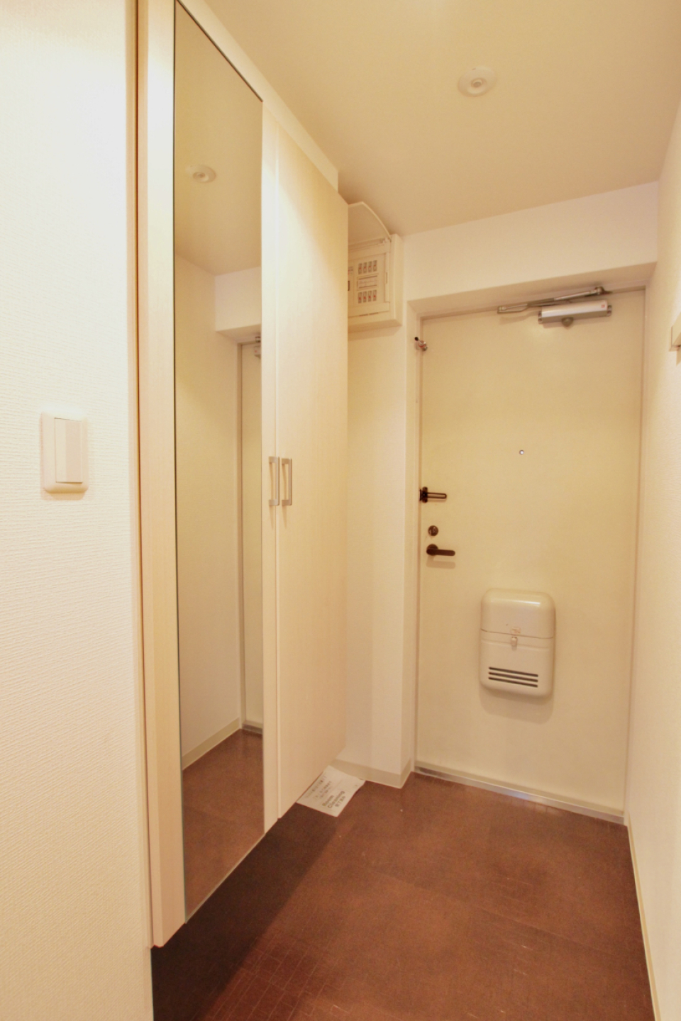 玄関。姿見付きのシューズボックス