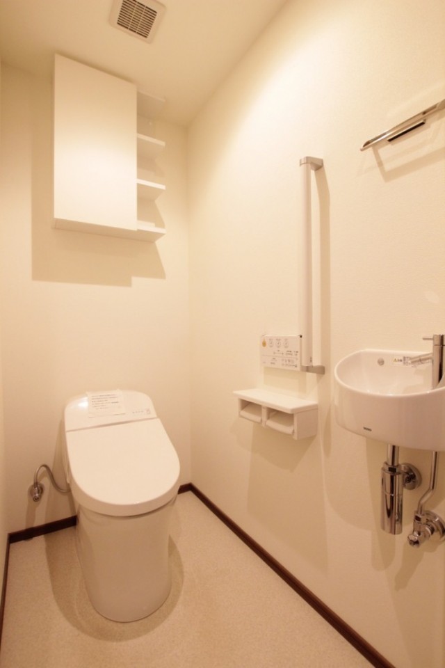 トイレには手洗いボウルもタオル掛けも収納棚も手すりも。