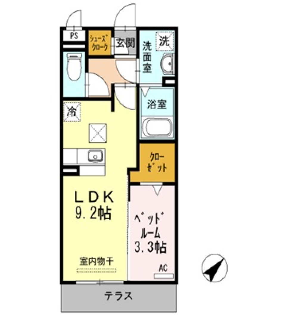 高台おひとり様用1LDKの間取り図