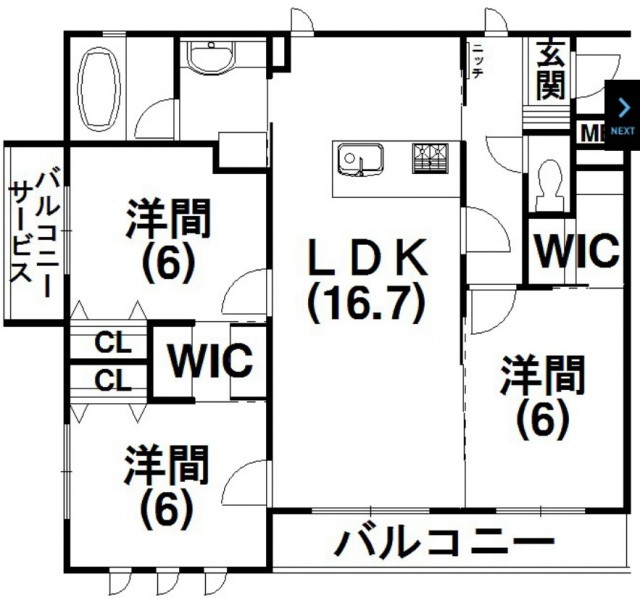 3LDKの間取り図。