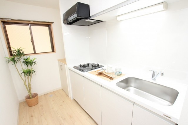 フラットで使いやすそうなキッチン周り。コンロは2ツ口です