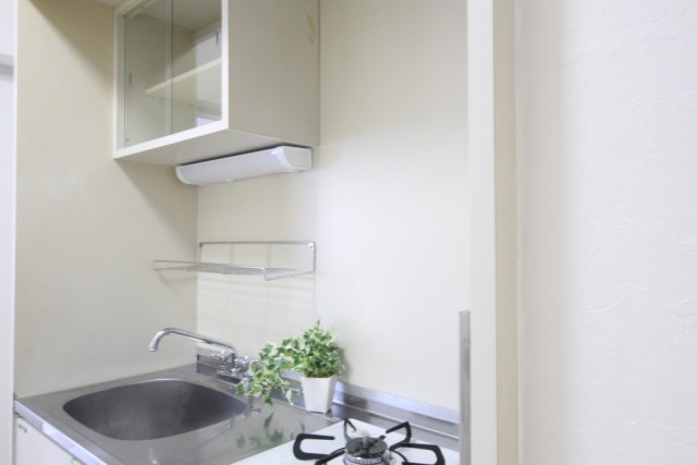 キッチンは1口コンロのミニタイプ。