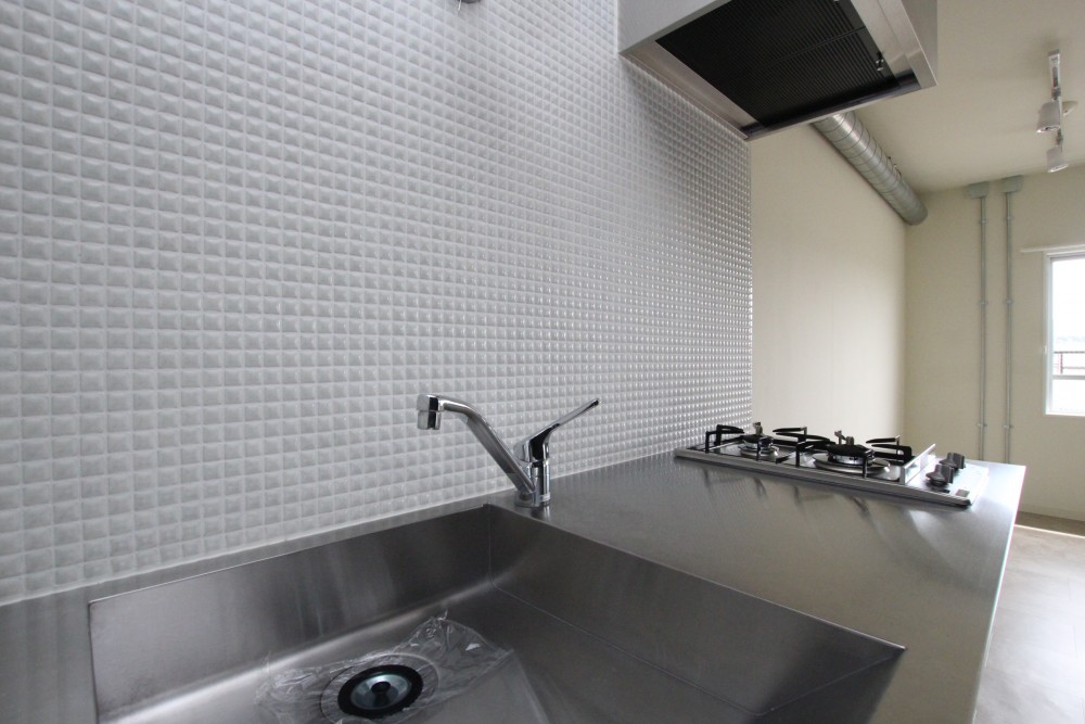 シルバーの天板に縦に並んだ2口コンロ。デザインが近未来を予感