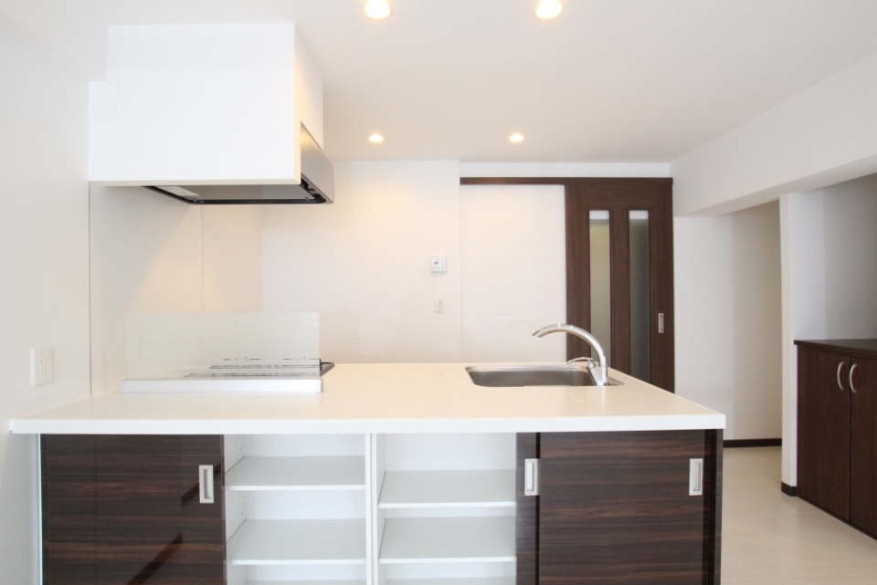 キッチン対面の扉を開けばそこは3段の収納棚に。