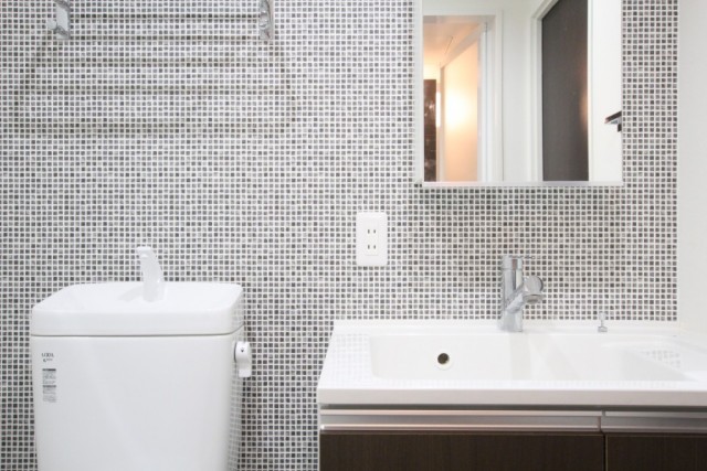 モザイクタイル風のサニタリールームが特徴的。