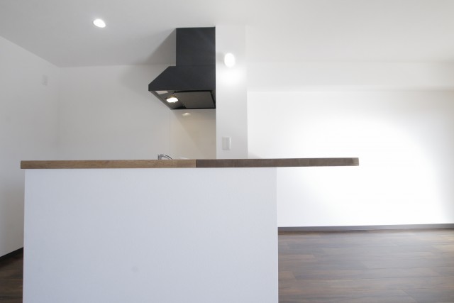 横から見たキッチン。