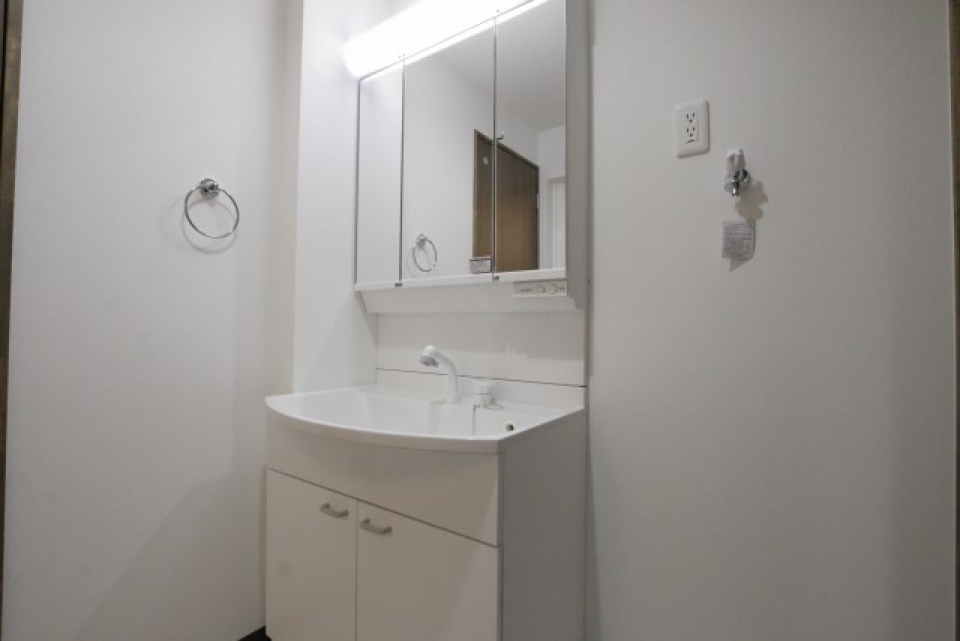 洗面所は鏡が大きなタイプです。