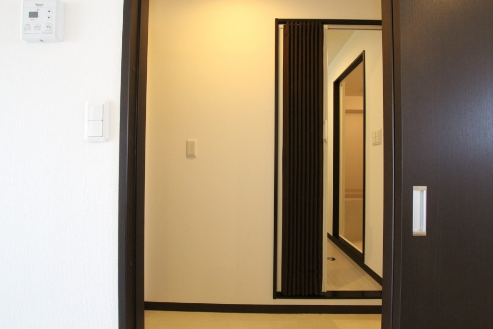 脱衣所の扉はアコーディオンカーテンです。