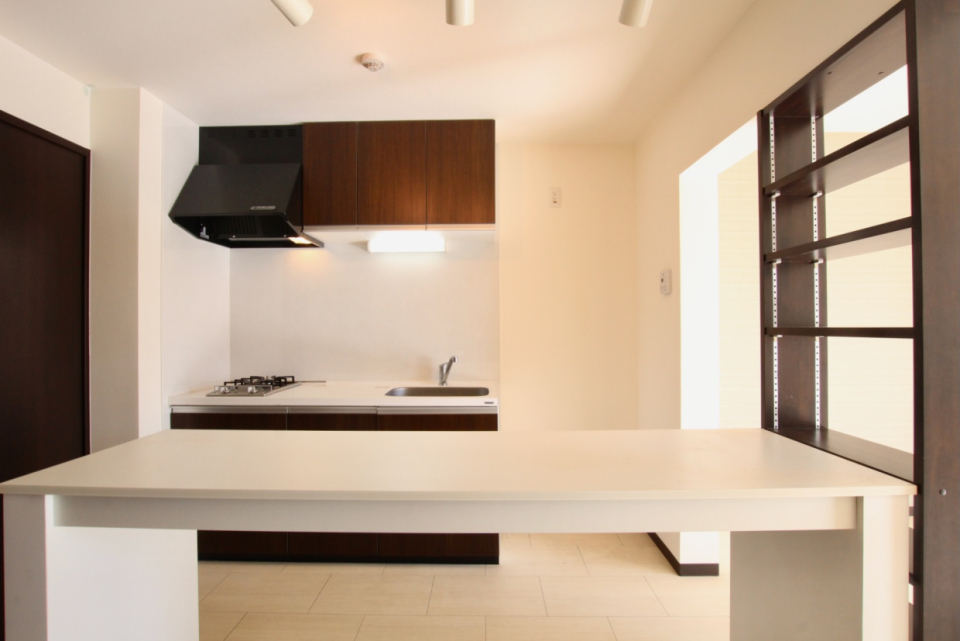 キッチン背面にはカウンター。作業台にもダイニングテーブルにも