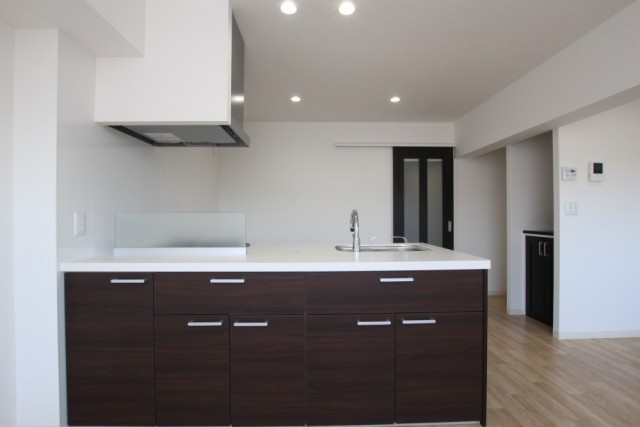 キッチンはアイランド型のシステムキッチン。