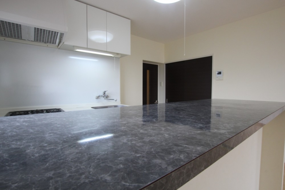 黒大理石調のキッチンカウンター。