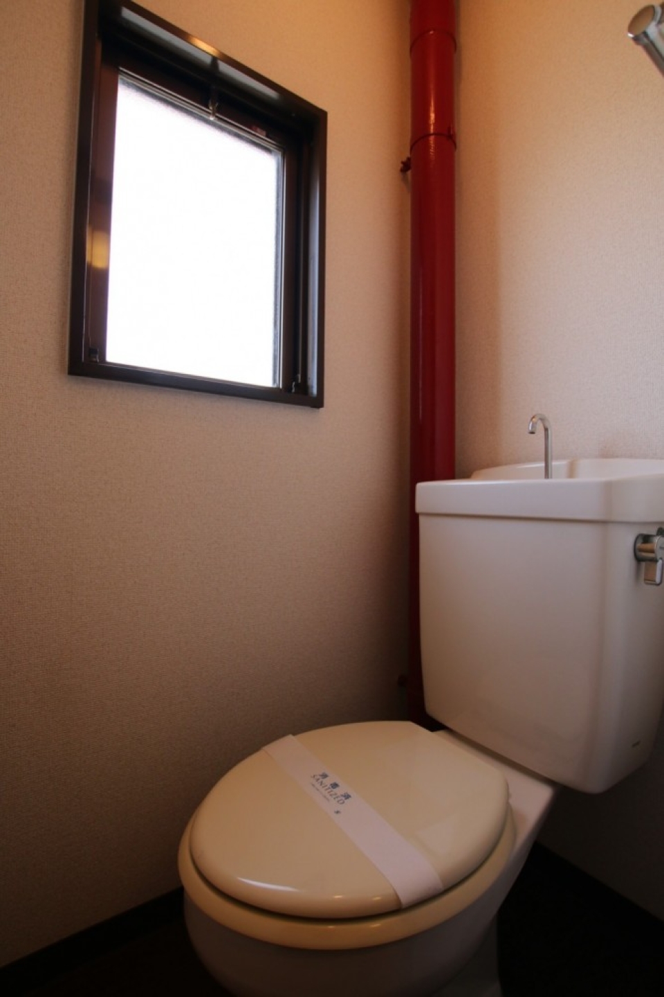 トイレは赤いパイプが印象的。