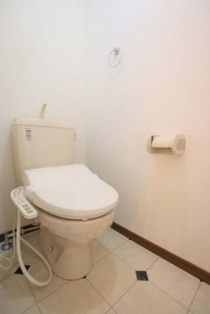 洗面所と同じタイル柄のトイレ