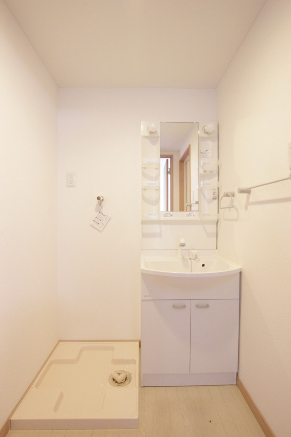 洗面脱衣所の様子。お部屋より一段高くなっています。