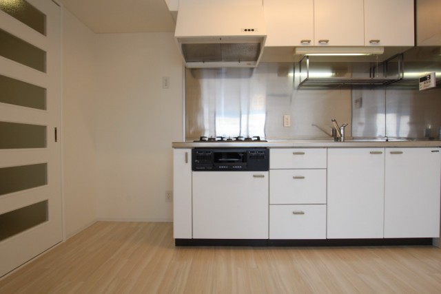 白いキッチンパネルのシステムキッチン。