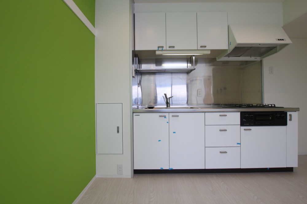 LDK10帖の中にある大きなシステムキッチン。