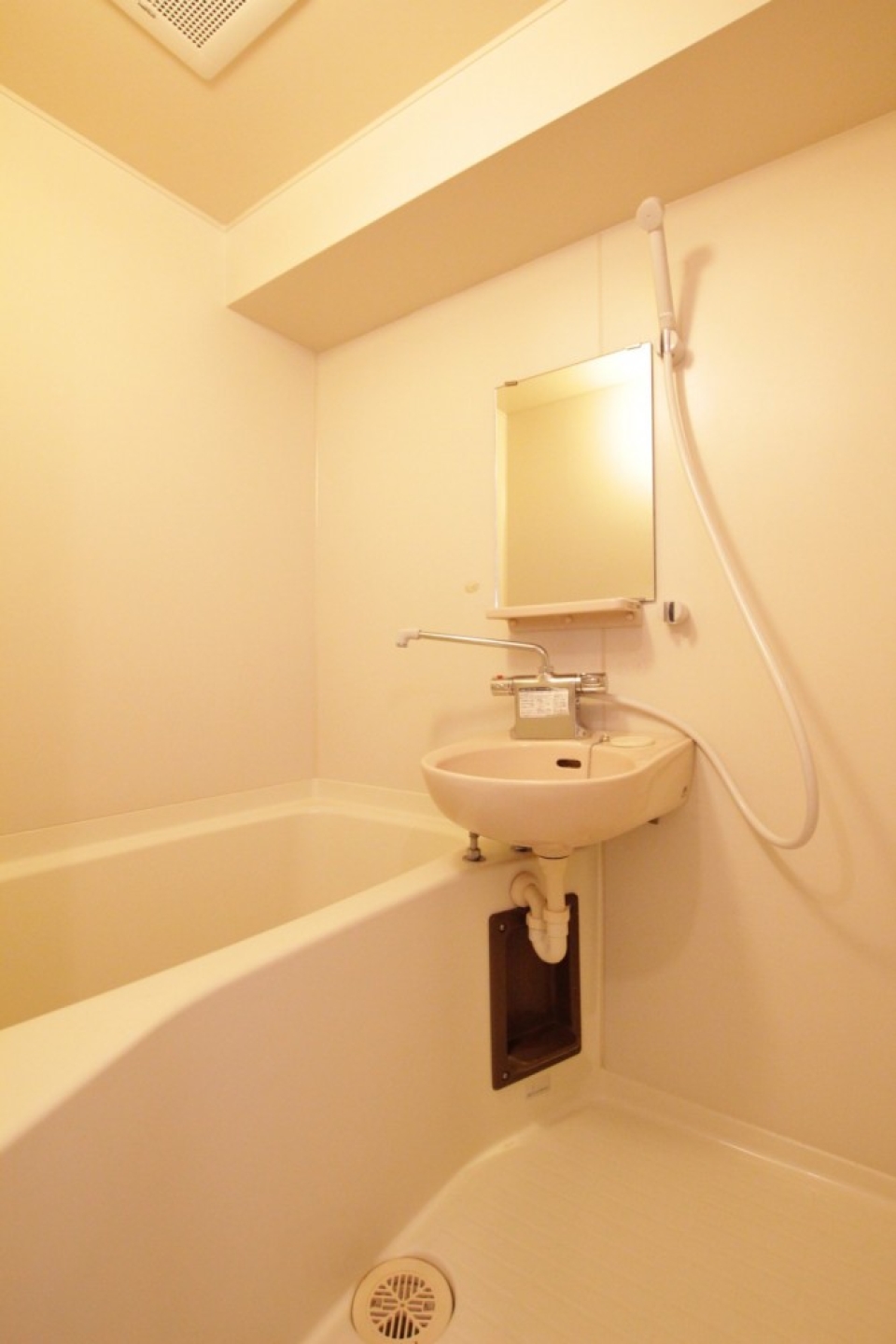 お風呂と洗面台。シャワーがこの位置ということは、バスタブの外でシャワーですね。