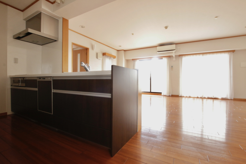 食洗器付きのシステムキッチン。食器棚も付いている