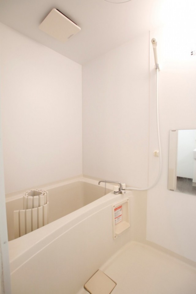 鏡付きの浴室。