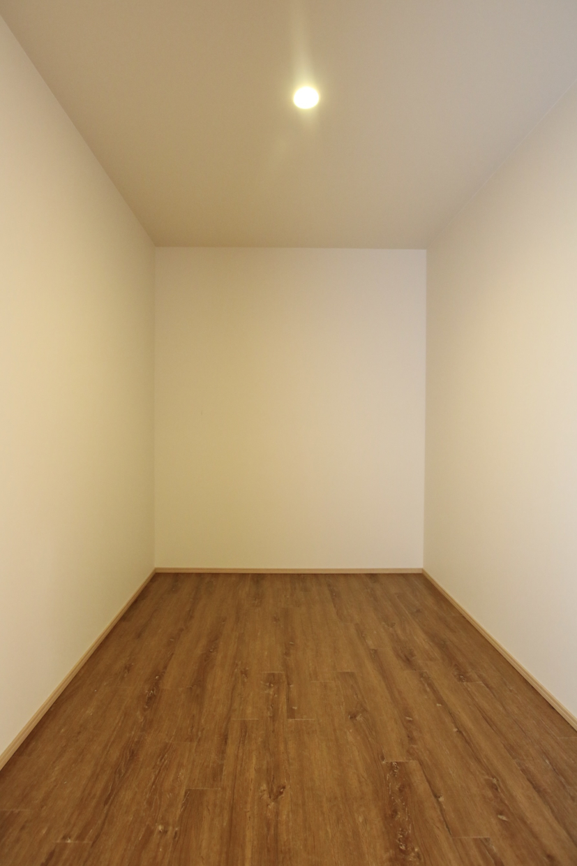 納戸。棚やハンガーポールはないので、プラケースなどうまく活用して