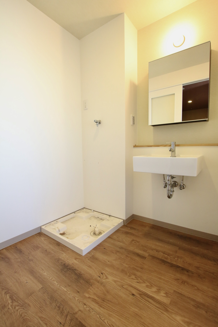 脱衣洗面所。既存の収納は少なめです