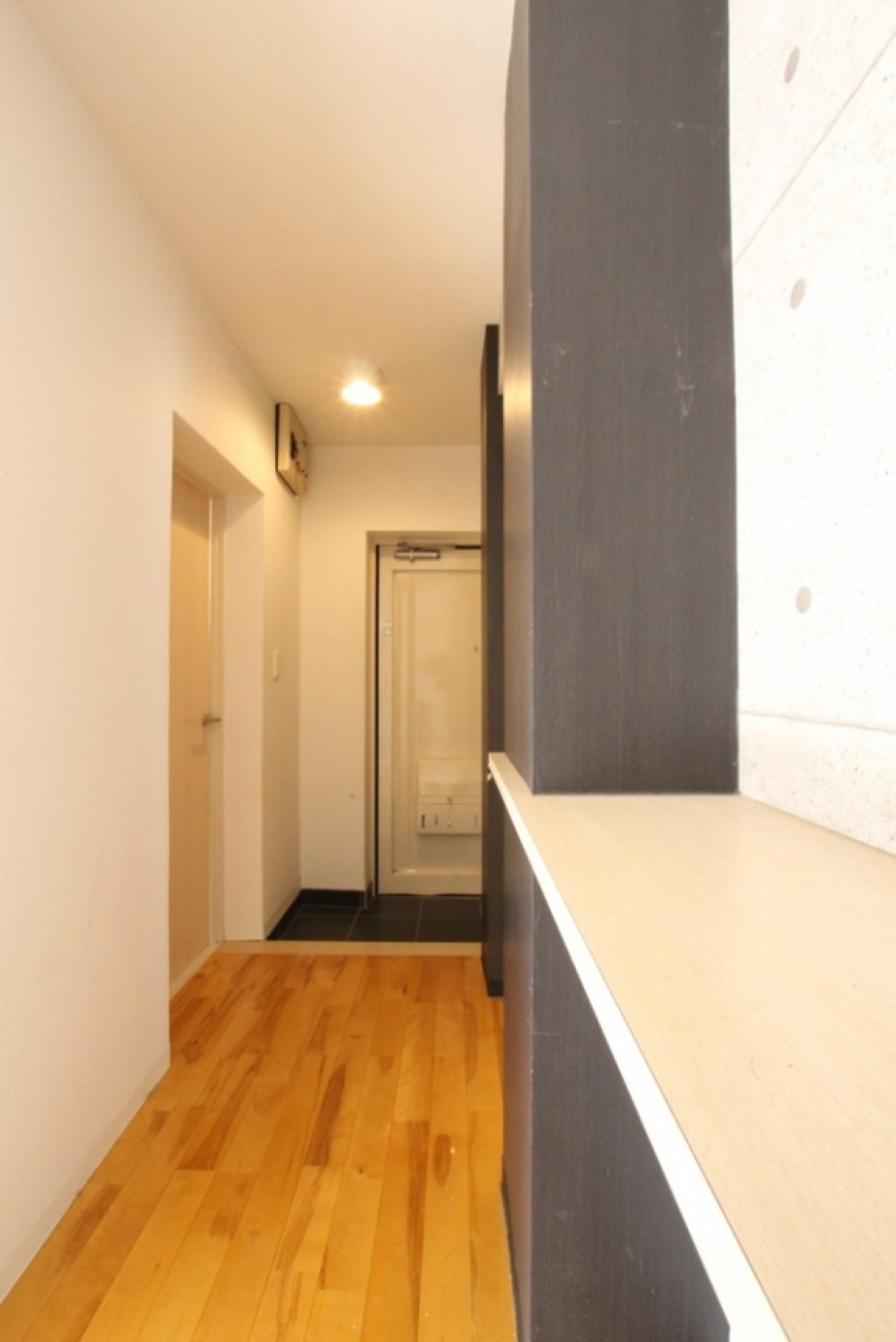 コンクリート風の壁紙が目を引く。