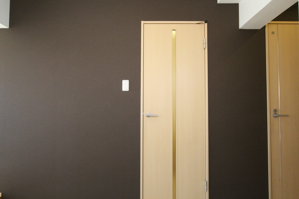 ネイビーの壁に囲まれたこのスペースはトイレ・お風呂などのサニタリーブース。