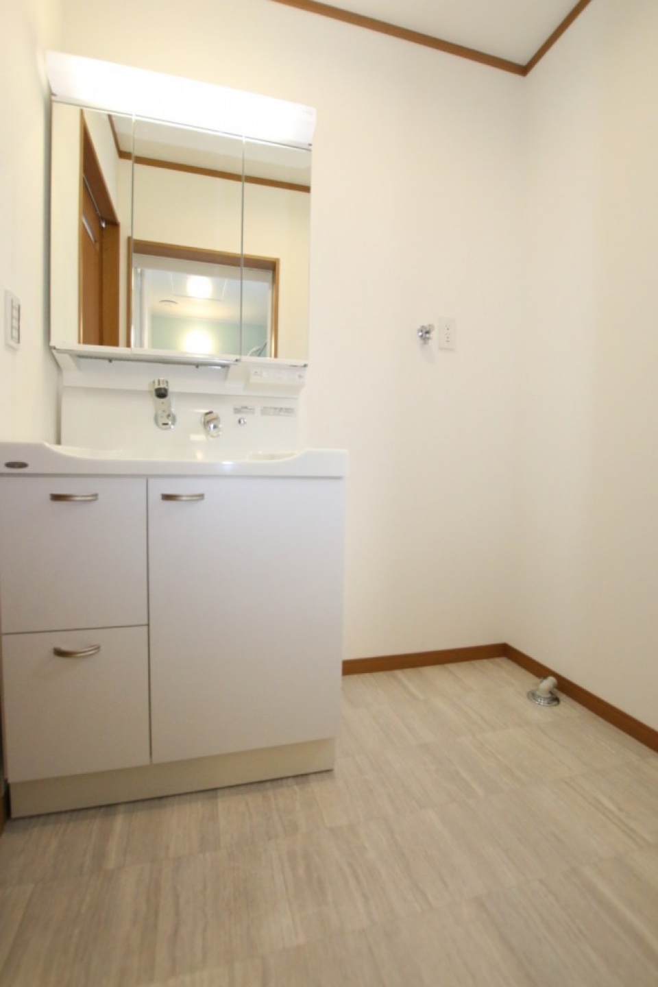 1階に戻ってサニタリー。大きなシャンプドレッサー洗面台。