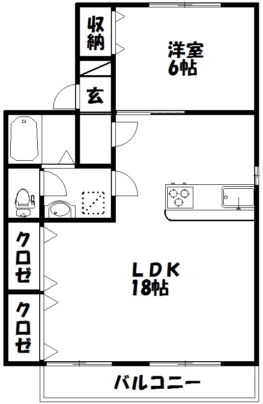 広々！1LDKの間取り図。