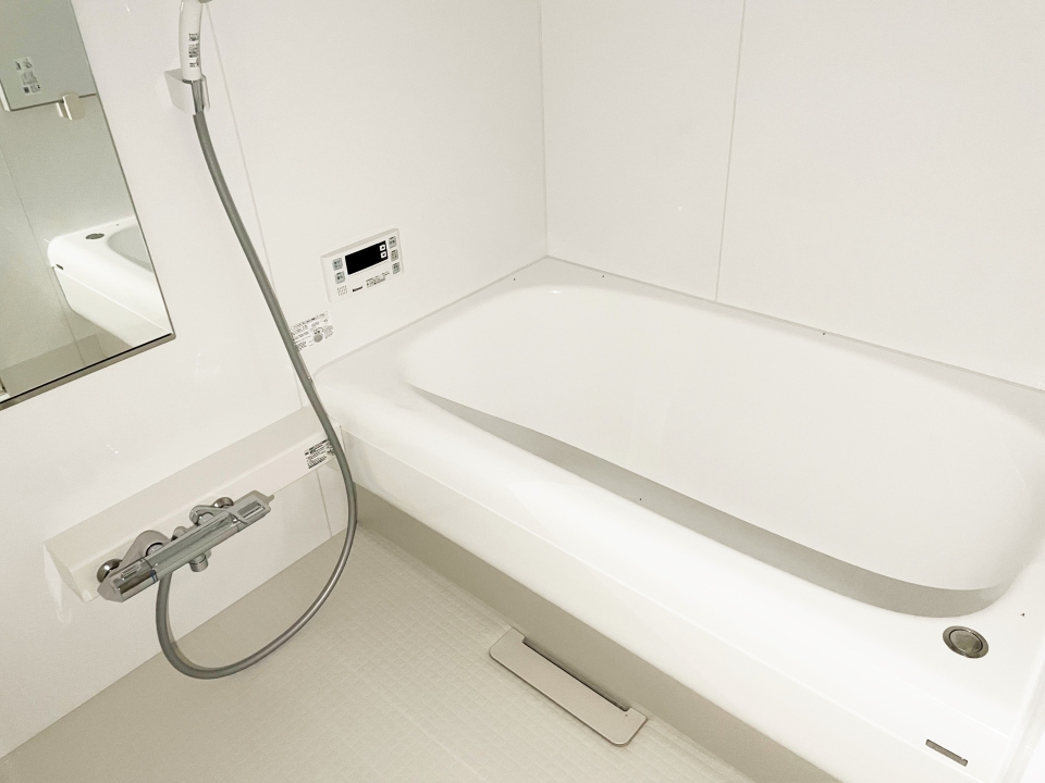 鏡付きの浴室。