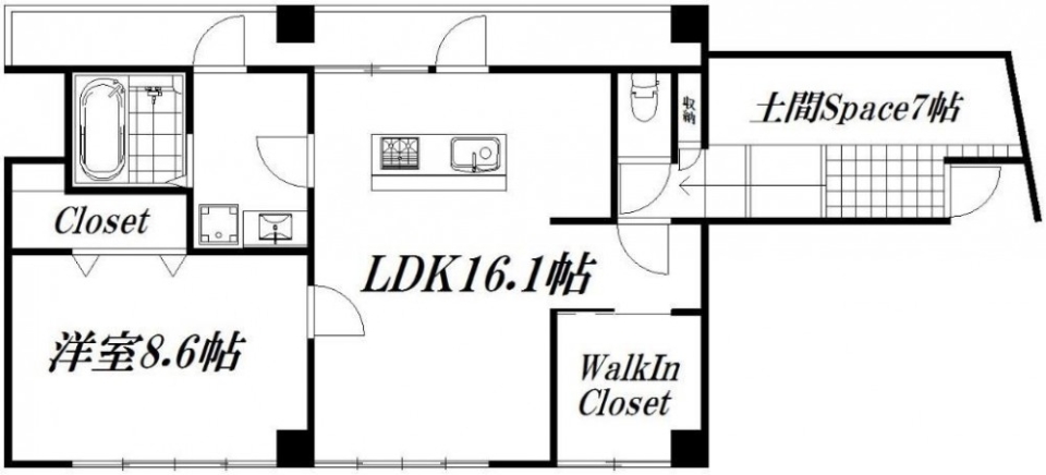 贅沢にあしらった土間空間の間取り図