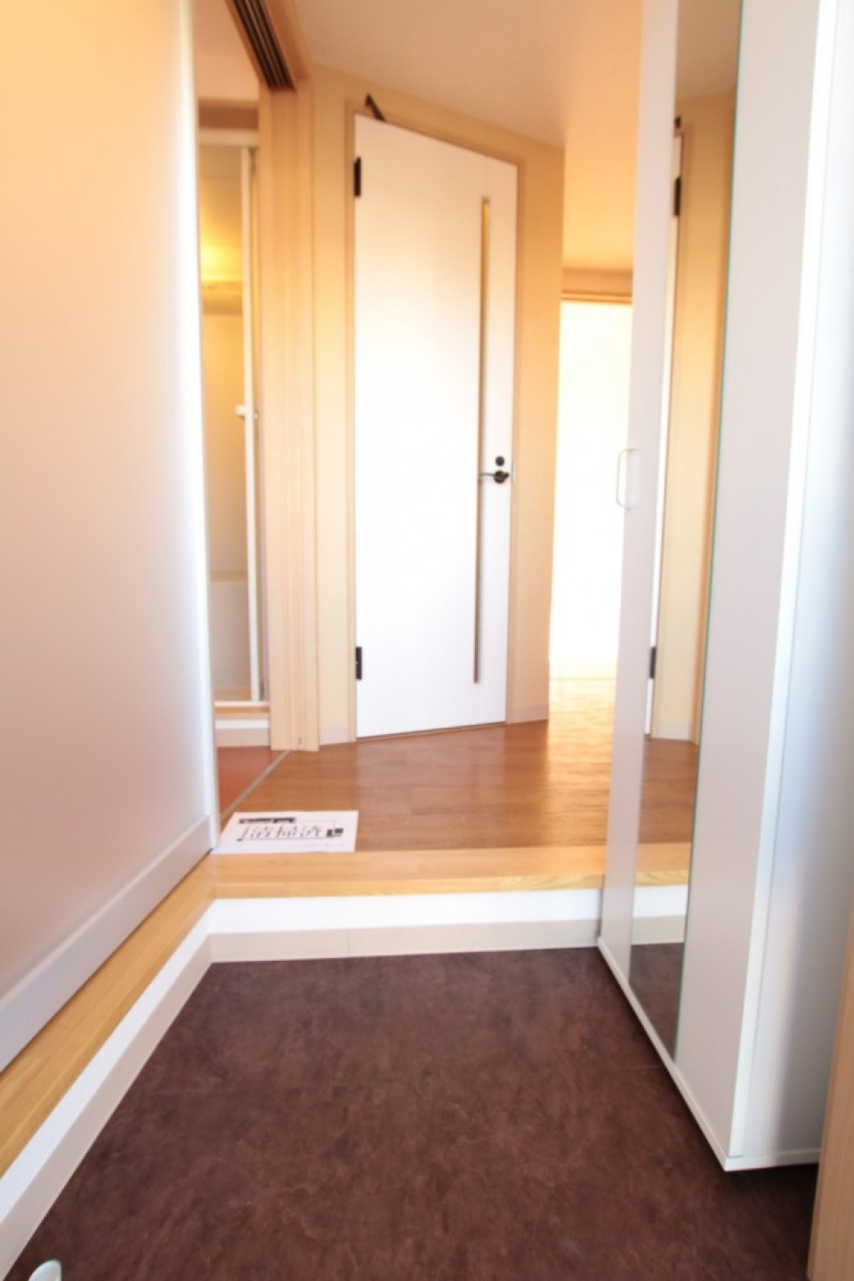 玄関には大きなシューズボックスと姿見鏡