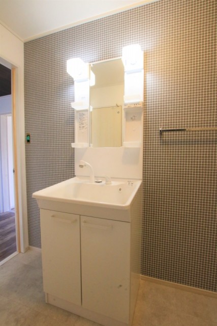 洗面脱衣所。収納スペース付いています。