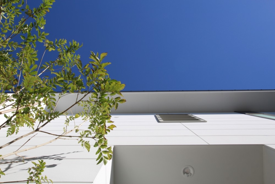 外観の白と青空のコントラストがGOOD。