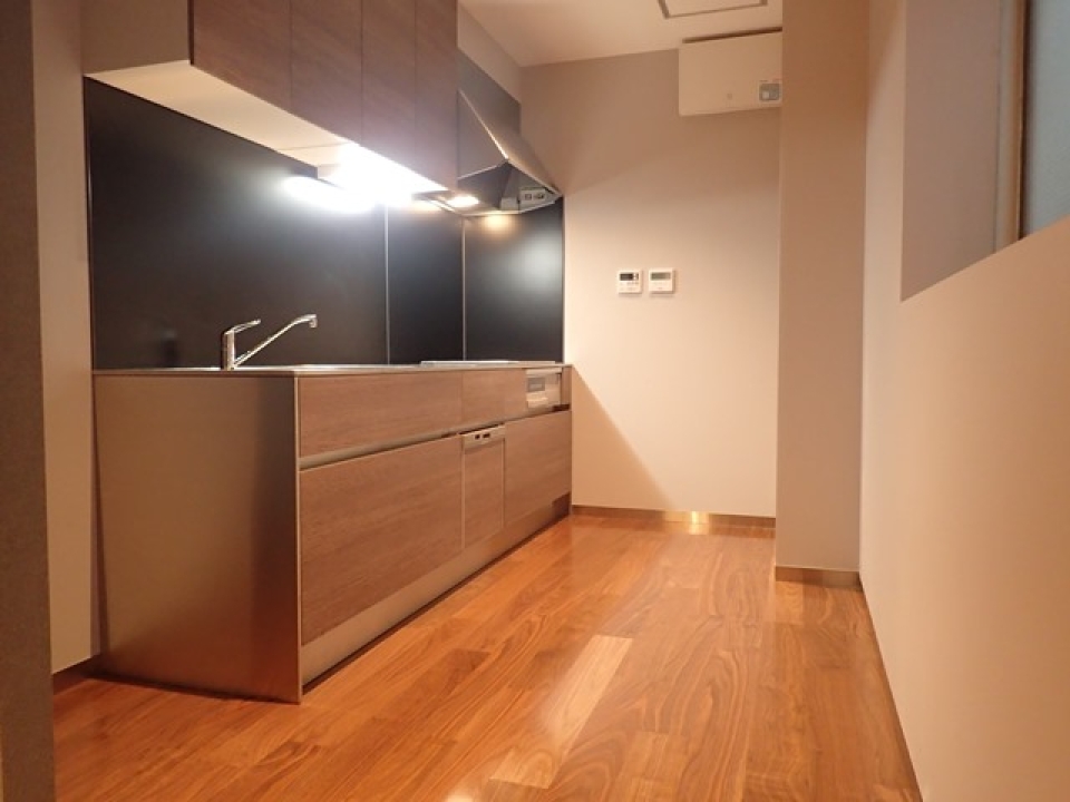 ステンレス製のシステムキッチンがとってもオシャレな空間に