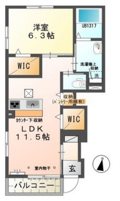 1LDKの間取り図。