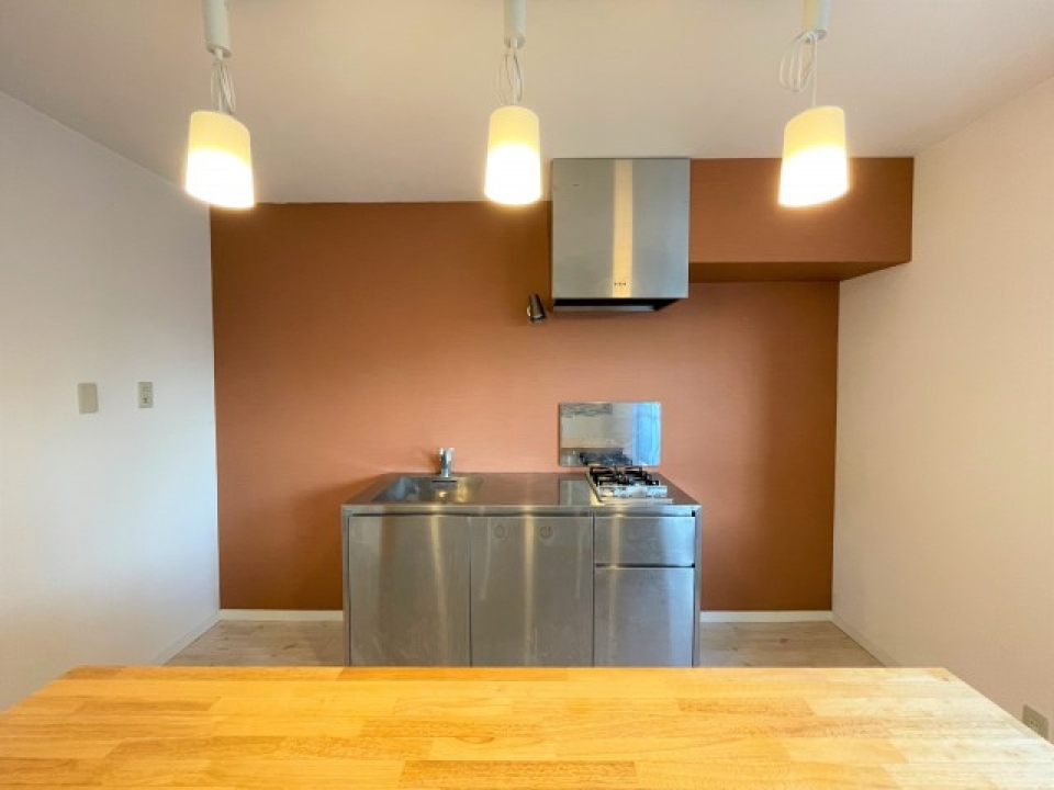 ステンレス製のキッチンが目を引きます。