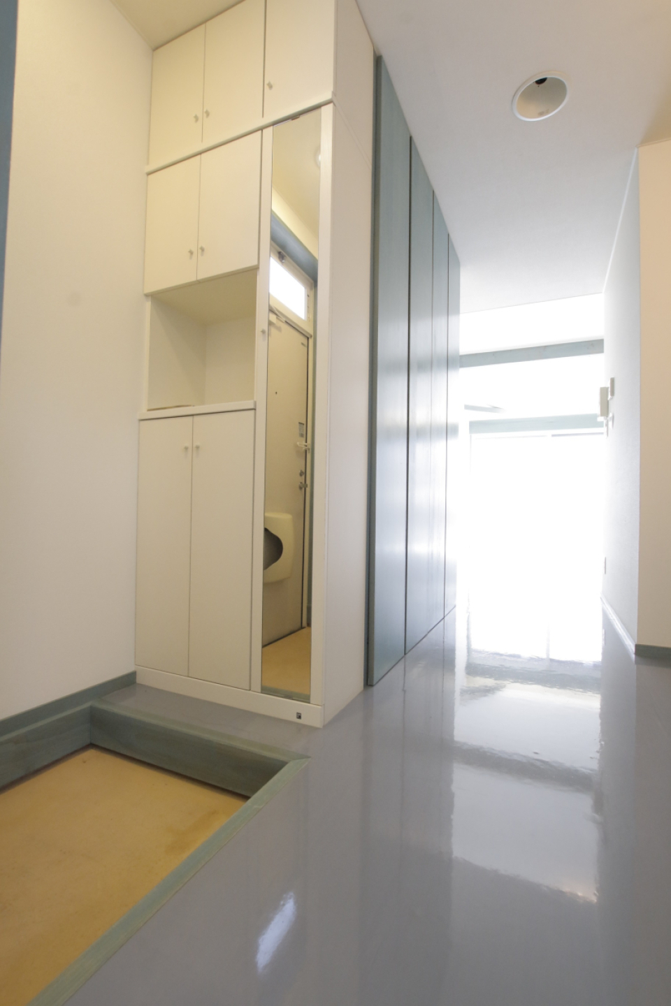 玄関。シューズボックスと鏡付き